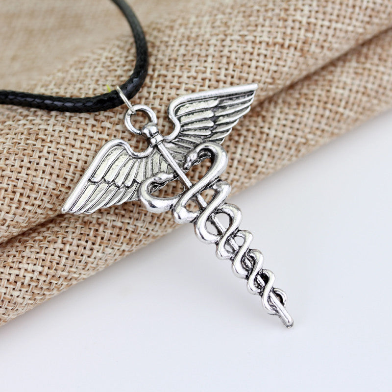 Medical Symbol Snakes Wings Necklace